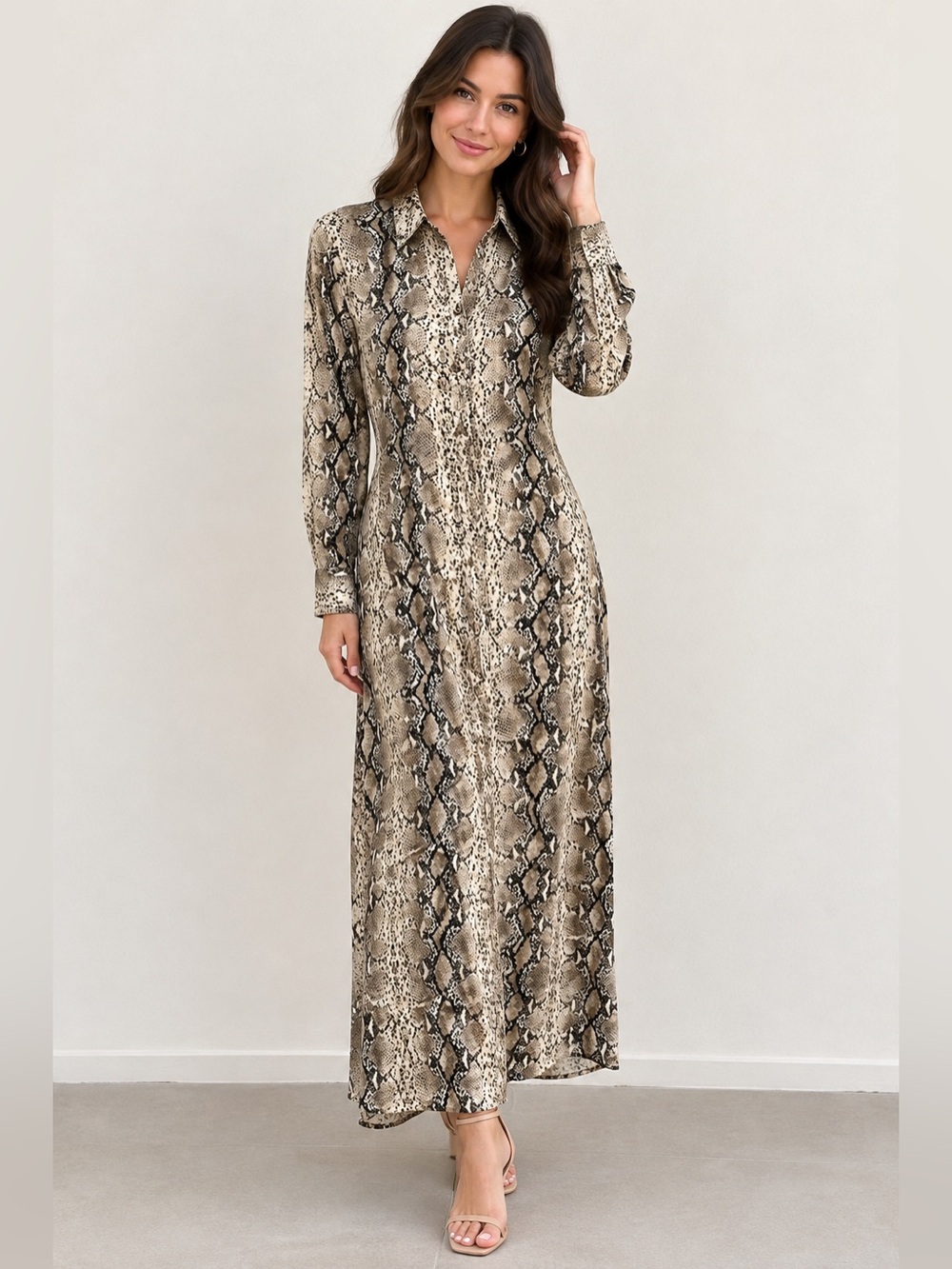 Mango Beige and Black Snake-Print Button Down Shirt dress